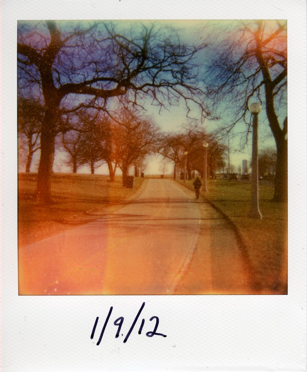 A distorted color photo of Chicago's lakefront trail.