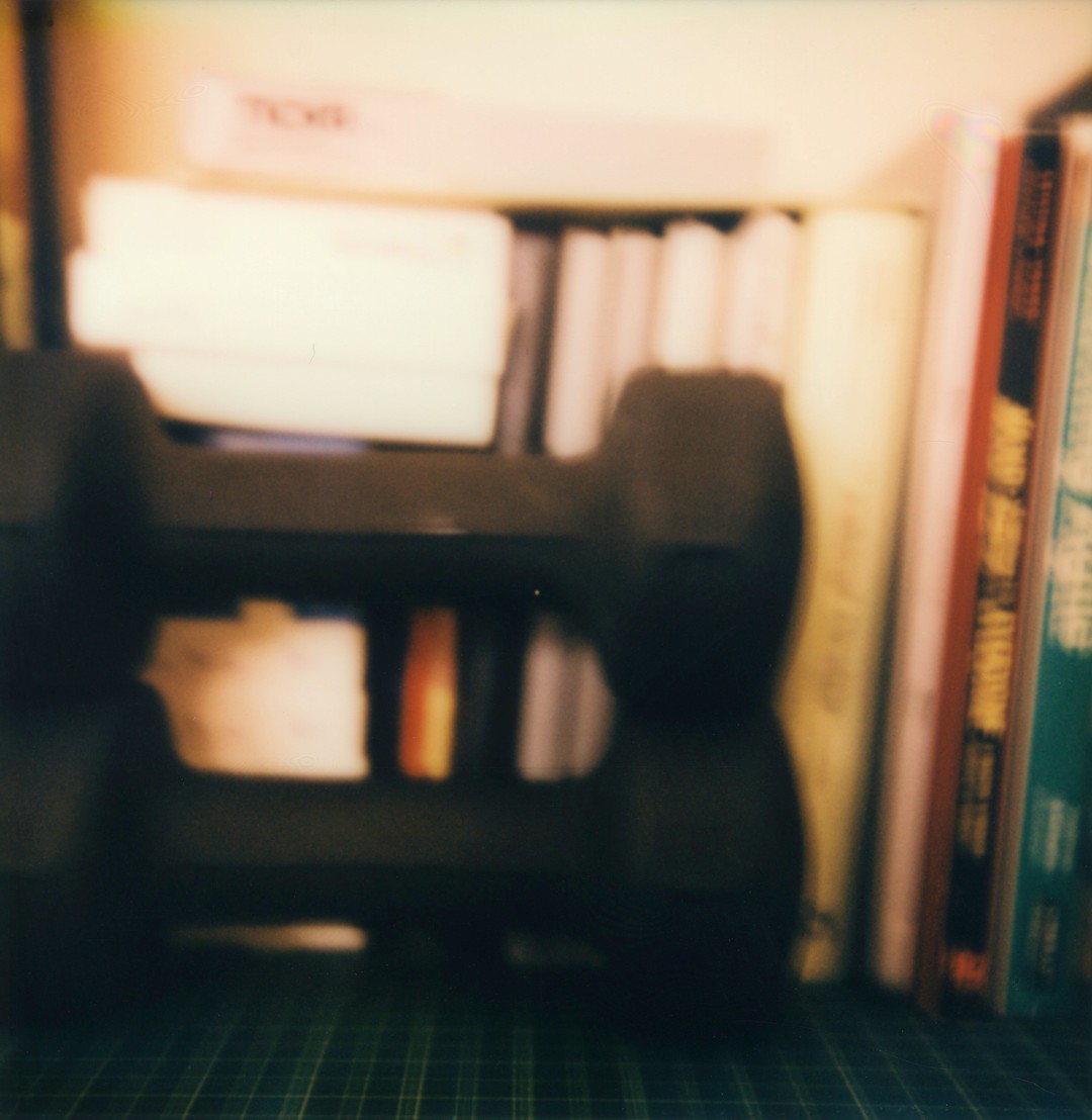 10 lbs dumbbells sit in front of a row of notebooks and packs of Polaroid film.