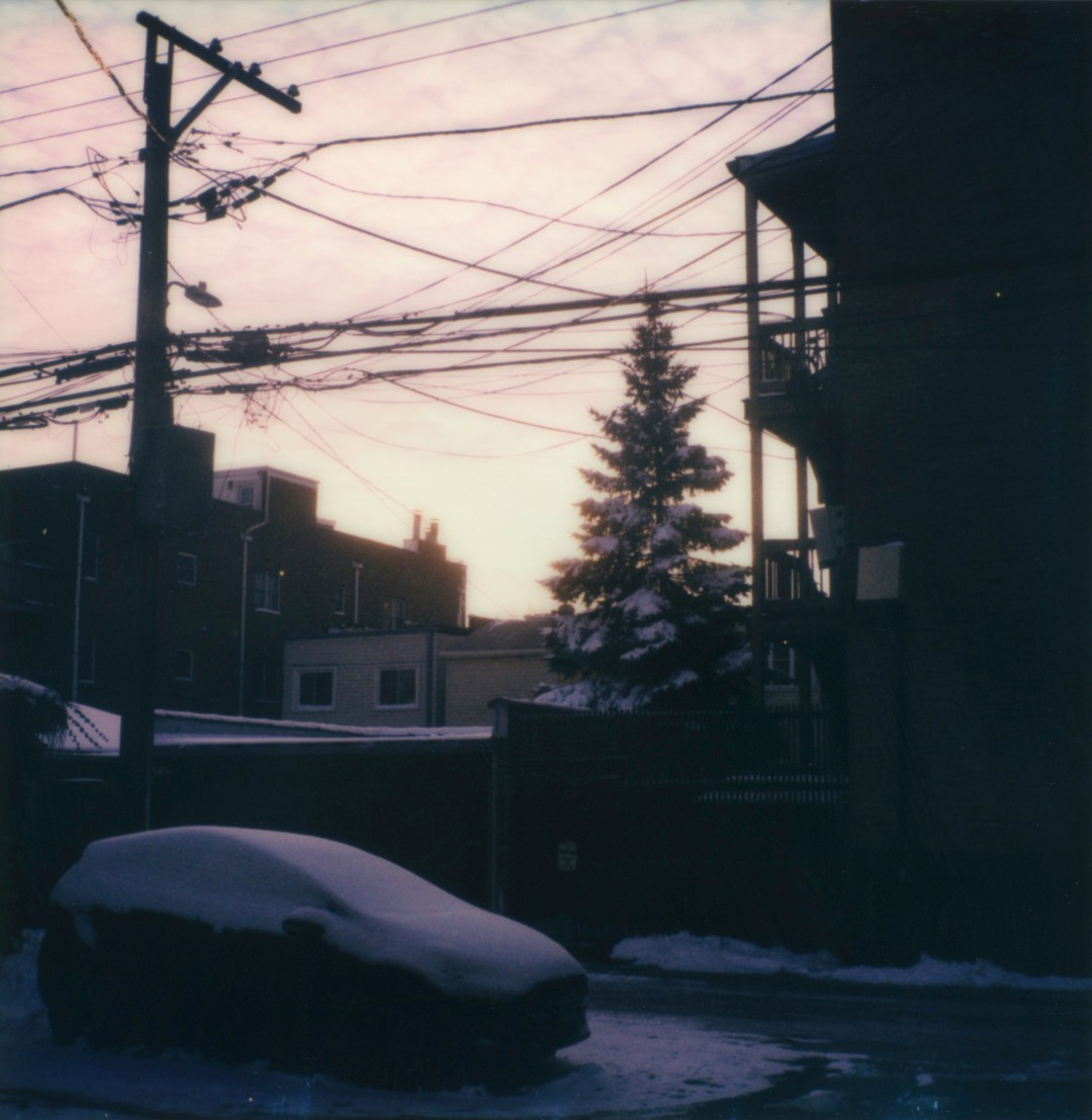 The an afternoon winter sky peaking out between buildings, trees, and wires.