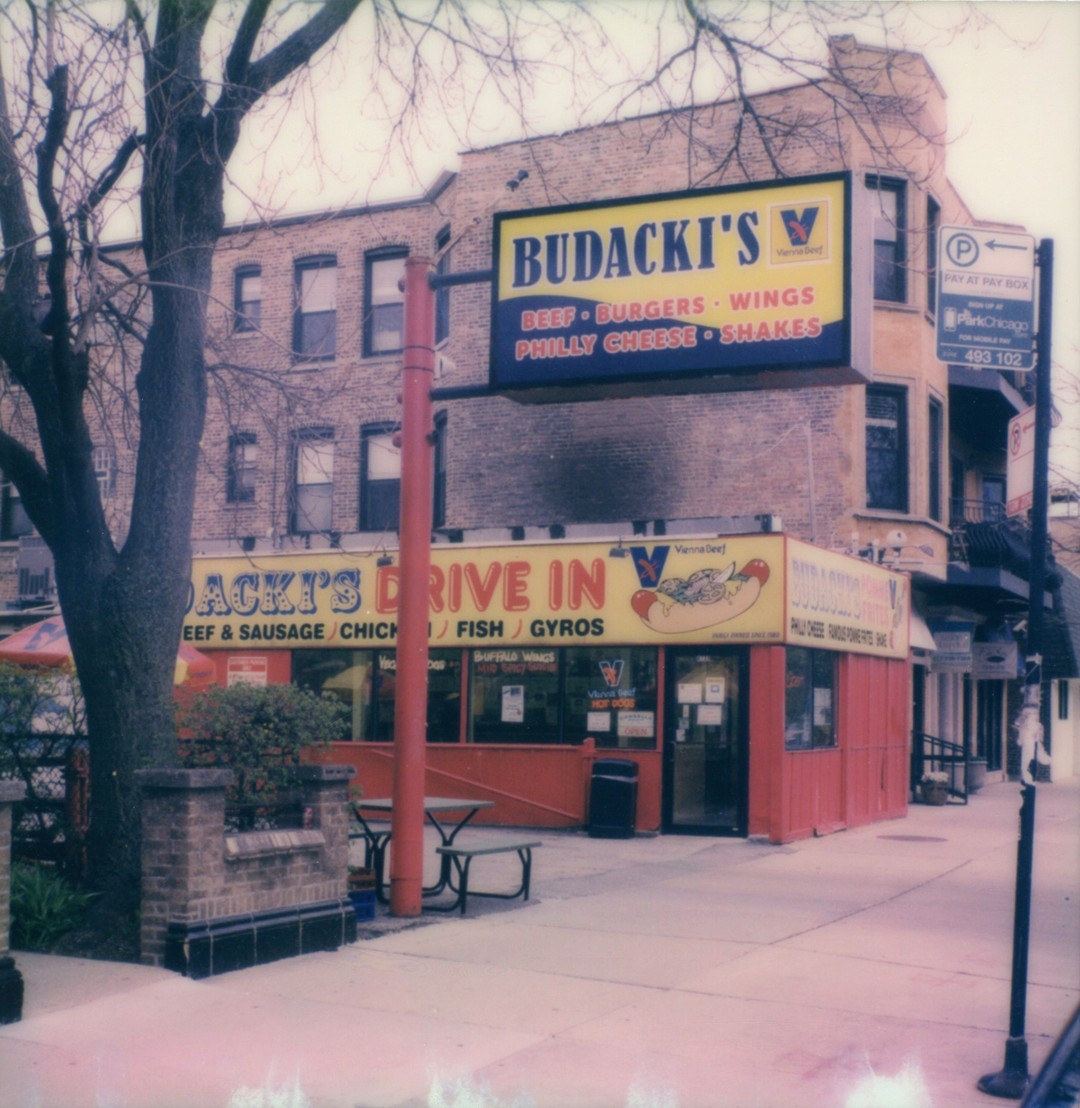 A photograph of Budaki's hot dog stand in Chicago